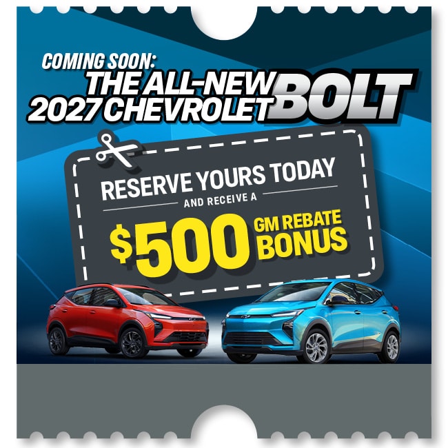 Promo for 2027 Chevrolet Bolt offers $500 GM rebate. Features red and blue cars.