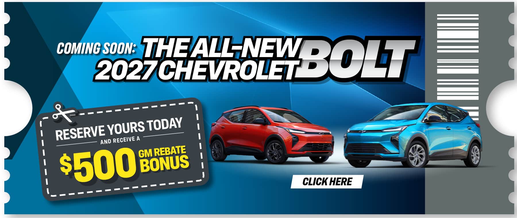 Promo for 2027 Chevrolet Bolt featuring red and blue cars. Offers $500 GM rebate for reservations.