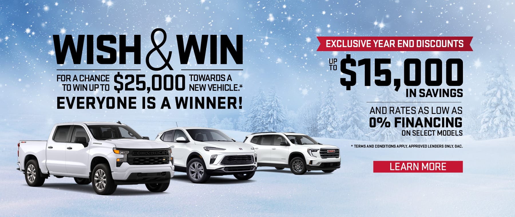 Winter car sale banner featuring SUVs and trucks, offering up to $25,000 prize and $15,000 savings.