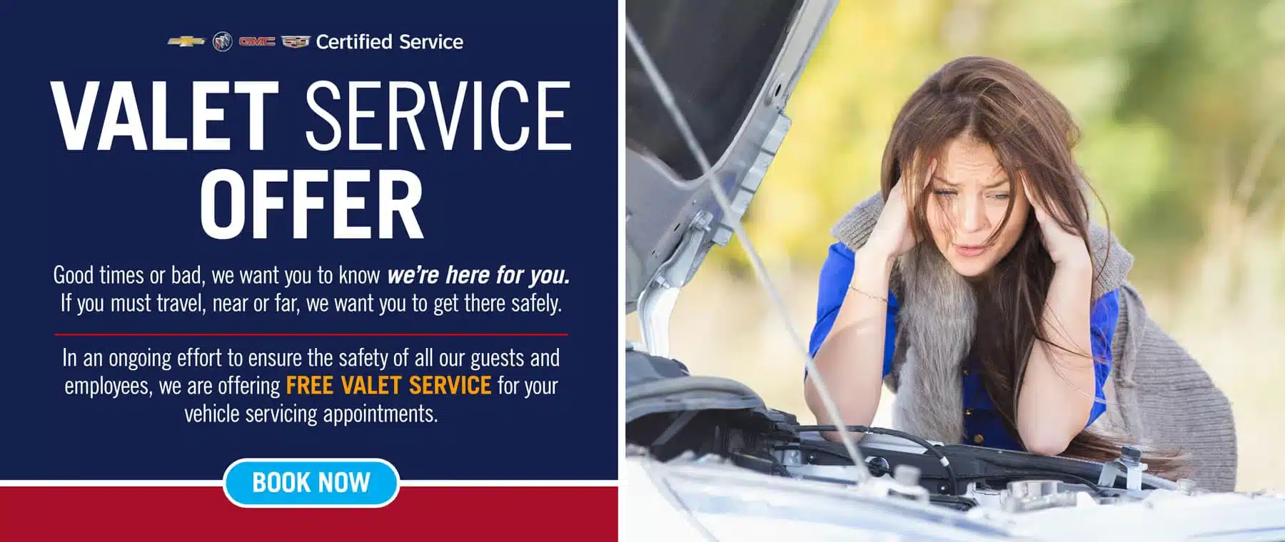 Split image: Left side shows VALET SERVICE OFFER with text about free valet service for vehicle servicing. Right side shows a woman looking distressed next to a car with an open hood.