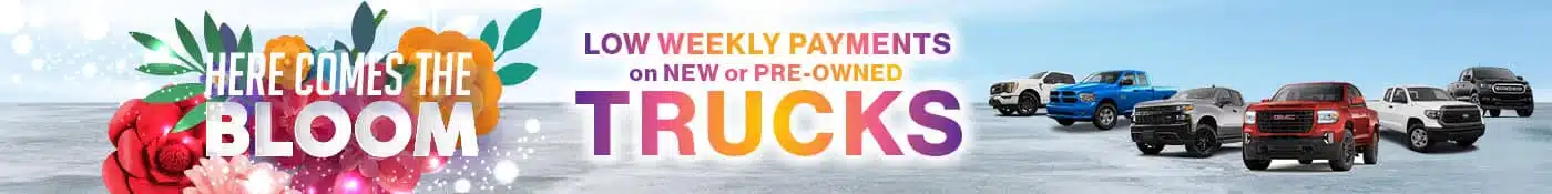 Advertisement banner for trucks. Left side has colorful flowers and text: Here Comes The Bloom. Right side shows a lineup of new and pre-owned trucks on a road, with text: Low Weekly Payments on New or Pre-Owned Trucks.