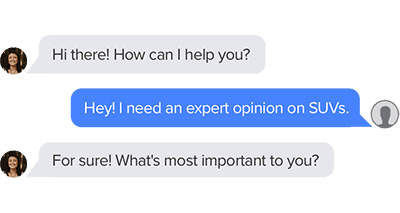 Chat interface showing a conversation between two people. One asks for expert opinion on SUVs, and the other inquires about whats most important.