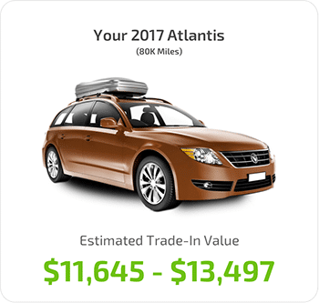 A brown station wagon with a roof cargo box, labeled as Your 2017 Atlantis (80K Miles). Estimated trade-in value is displayed as $11,645 - $13,497.