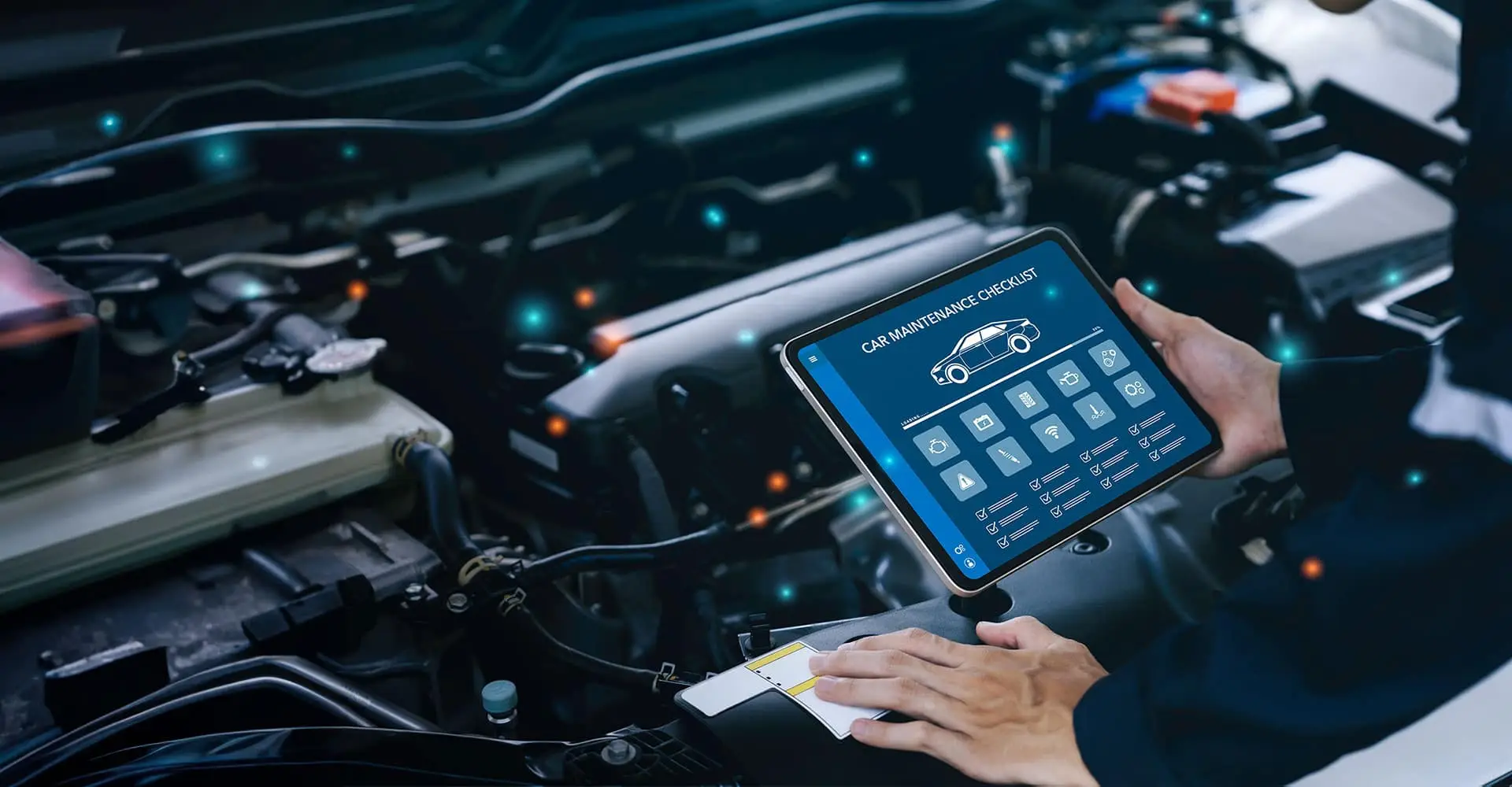 A person holds a tablet displaying a car maintenance checklist with icons, standing next to an open car hood. The scene is illuminated by glowing blue and orange lights, highlighting various engine components.