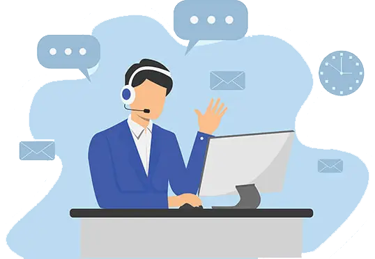 Illustration of a person sitting at a desk, wearing a headset, communicating through a computer. Speech bubbles, envelopes, and a clock icon are in the background, suggesting a busy customer service or tech support environment.