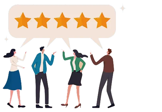 Four illustrated people stand in a group, talking animatedly. Above them is a speech bubble containing five gold stars, suggesting a discussion about high ratings or positive feedback. The background is a light, muted gradient.