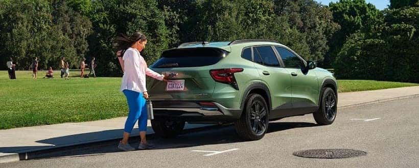 A person in a pink top and blue pants stands behind a green SUV parked on the side of a road. Theyre reaching towards the cars back. A grassy park with trees and people is visible in the background under a clear sky.