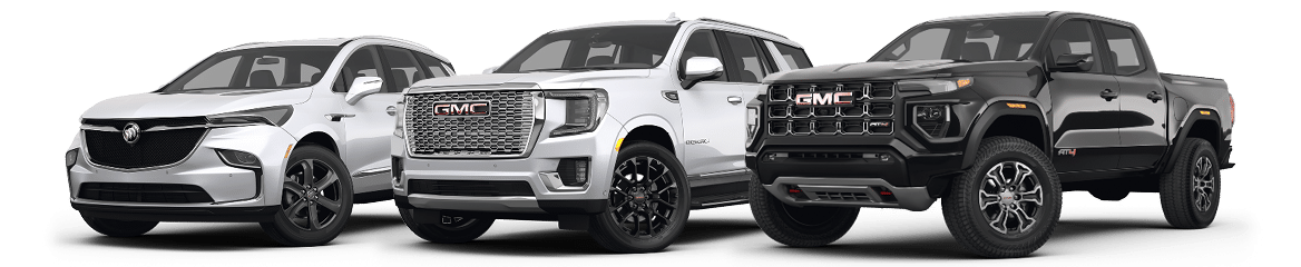 Three SUVs and a pickup truck are lined up. From left to right, a white SUV with a circular logo, a white SUV and a black pickup truck, both with GMC logos. All vehicles are shown from the front at a slight angle.