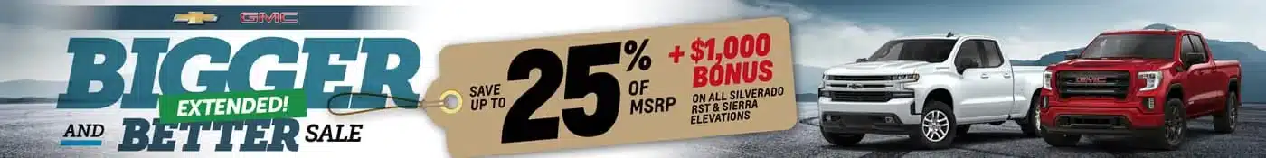 Chevrolet and GMC sale offers up to 25% off MSRP plus $1,000 bonus on Silverado RST and Sierra Elevations.
