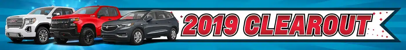 2019 car clearance event banner featuring white, red, and black SUVs on a blue background.
