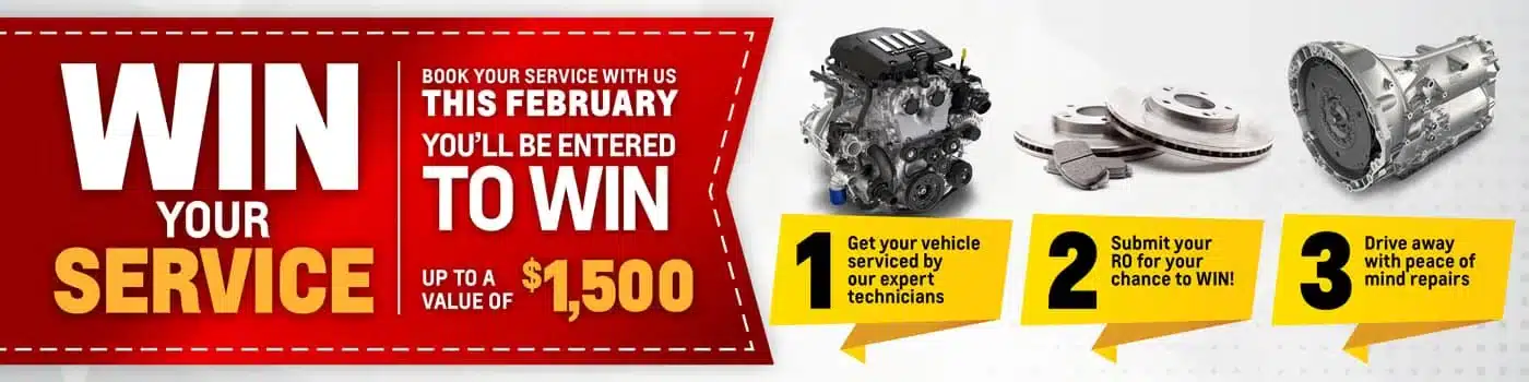 Win a vehicle service valued up to $1,500. Book in February for a chance to win. Expert technicians, peace of mind repairs.