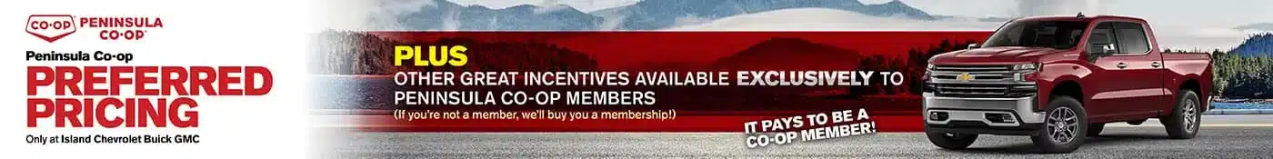Peninsula Co-op offers preferred pricing and incentives on Chevrolet at Island GMC for members.