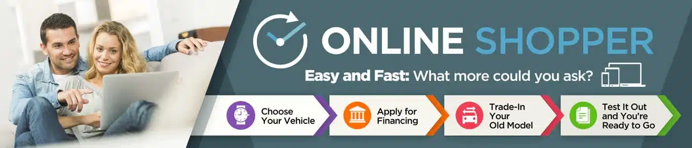 Couple shopping online for vehicles; steps include choosing, financing, trading, and testing.