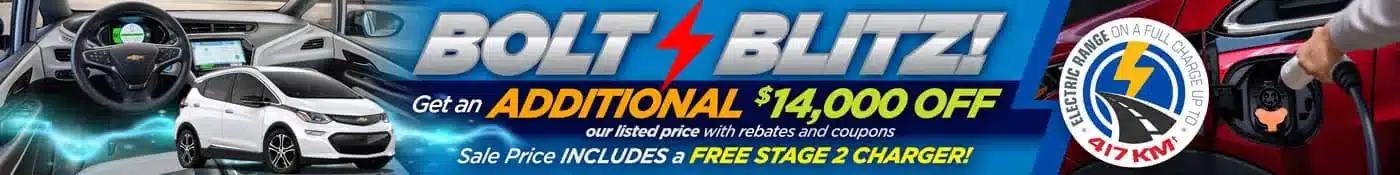 Chevrolet Bolt Blitz promo offers $14,000 off plus free charger; focuses on electric vehicle savings.