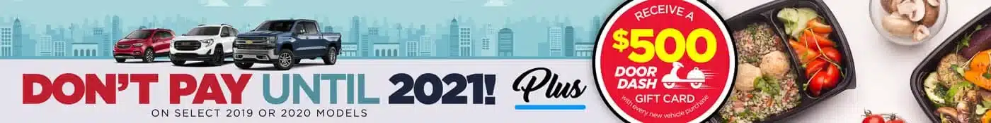 Car promotion: no payments until 2021 on select models, plus $500 DoorDash gift card offer.