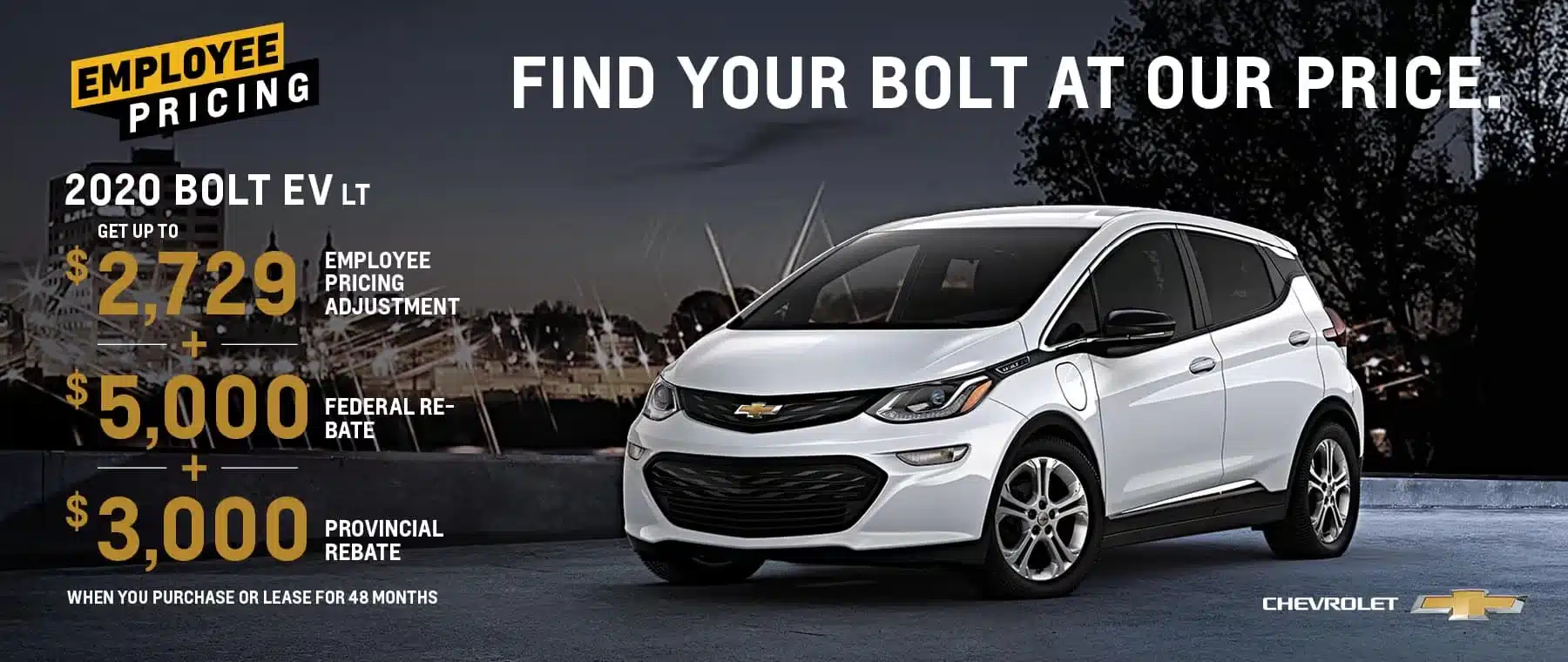 2020 Chevrolet Bolt EV LT with employee pricing, combines $2,729 discount, $5,000 federal rebate, $3,000 provincial rebate.