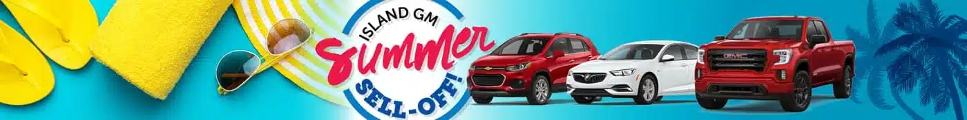 Island GM Summer Sell-Off banner featuring cars, beach accessories, and a summer theme.