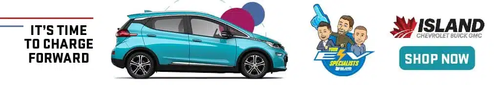 Electric vehicle promotion with turquoise car, "It's time to charge forward" text, and Island Chevrolet logo.