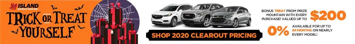 Halloween-themed car sale ad offers 2020 models with special pricing and bonus treasures.