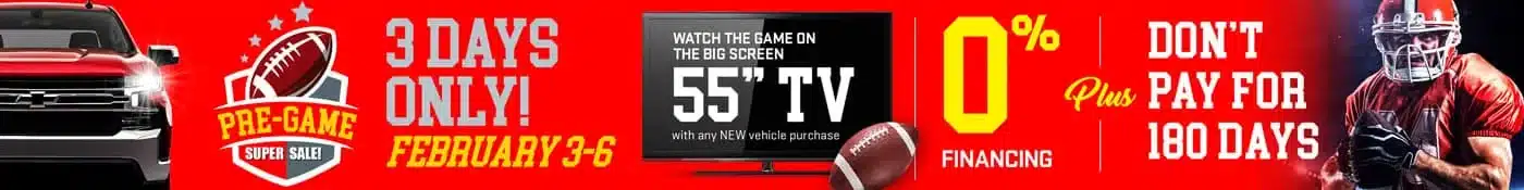 Pre-game sale: Free 55" TV with new vehicle, 0% financing, 3-day event February 3-6.