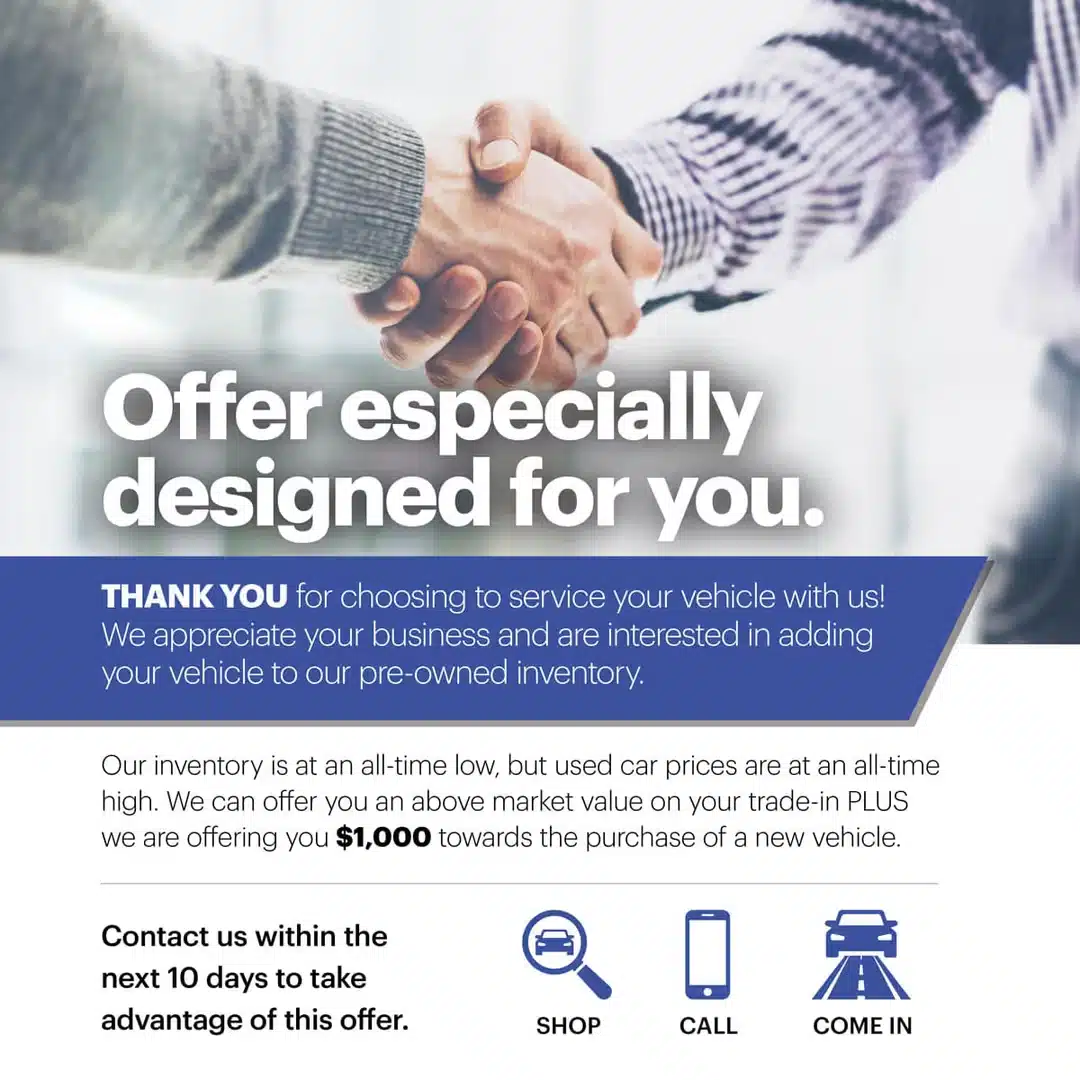 Special vehicle trade-in offer with $1,000 incentive, emphasizing customer appreciation and inventory addition.