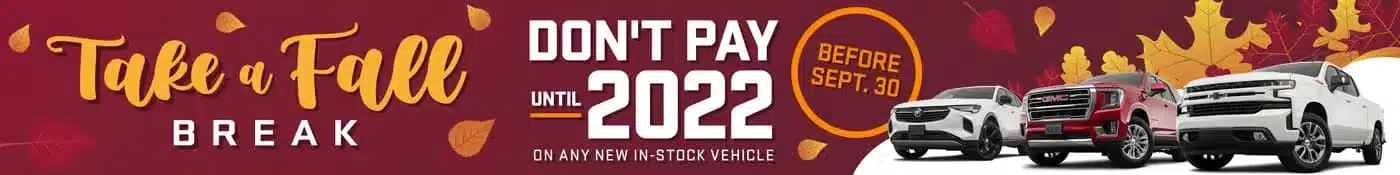 Fall car sale banner with GMC vehicles, offering no payments until 2022 if purchased by September 30.