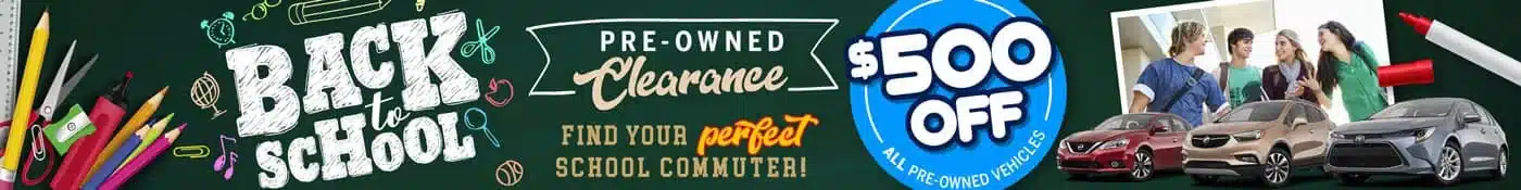 Back to School sale banner with pre-owned vehicle clearance, $500 off, and school supplies.
