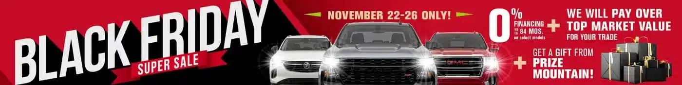 Black Friday car sale banner featuring SUVs, 0% financing, trade-in offers, and gift promotions, November 22-26.