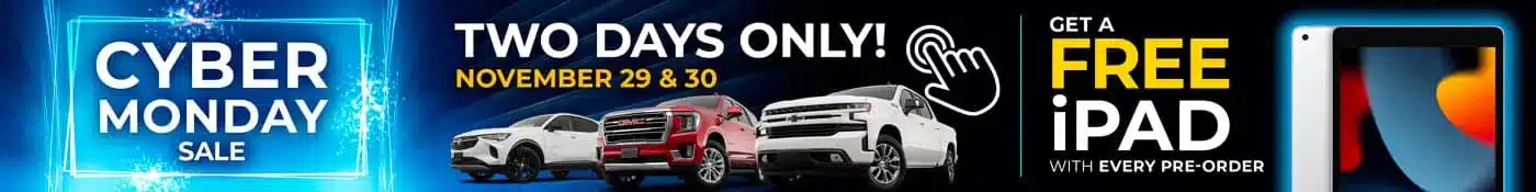 Cyber Monday car sale banner, November 29-30, offering a free iPad with pre-order.