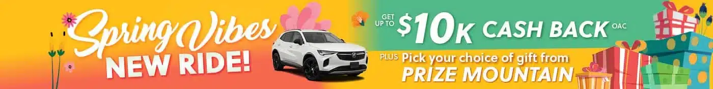 Spring promotion offering $10K cashback on new vehicle and gifts from Prize Mountain. Bright, colorful design.