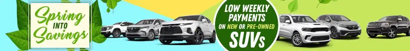 Spring SUV sale banner with low weekly payments on new or pre-owned vehicles, featuring multiple SUVs.