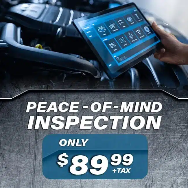 Car inspection promotion featuring a digital diagnostic tool, priced at $89.99 plus tax.