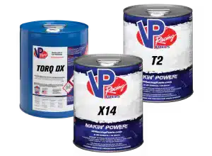 VP Racing Fuels X14, T2, and Torq DX cans, featuring high-performance fuel options.
