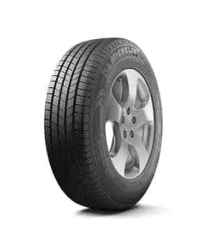 Michelin tire with five-spoke alloy wheel, featuring an all-season tread pattern for enhanced performance.