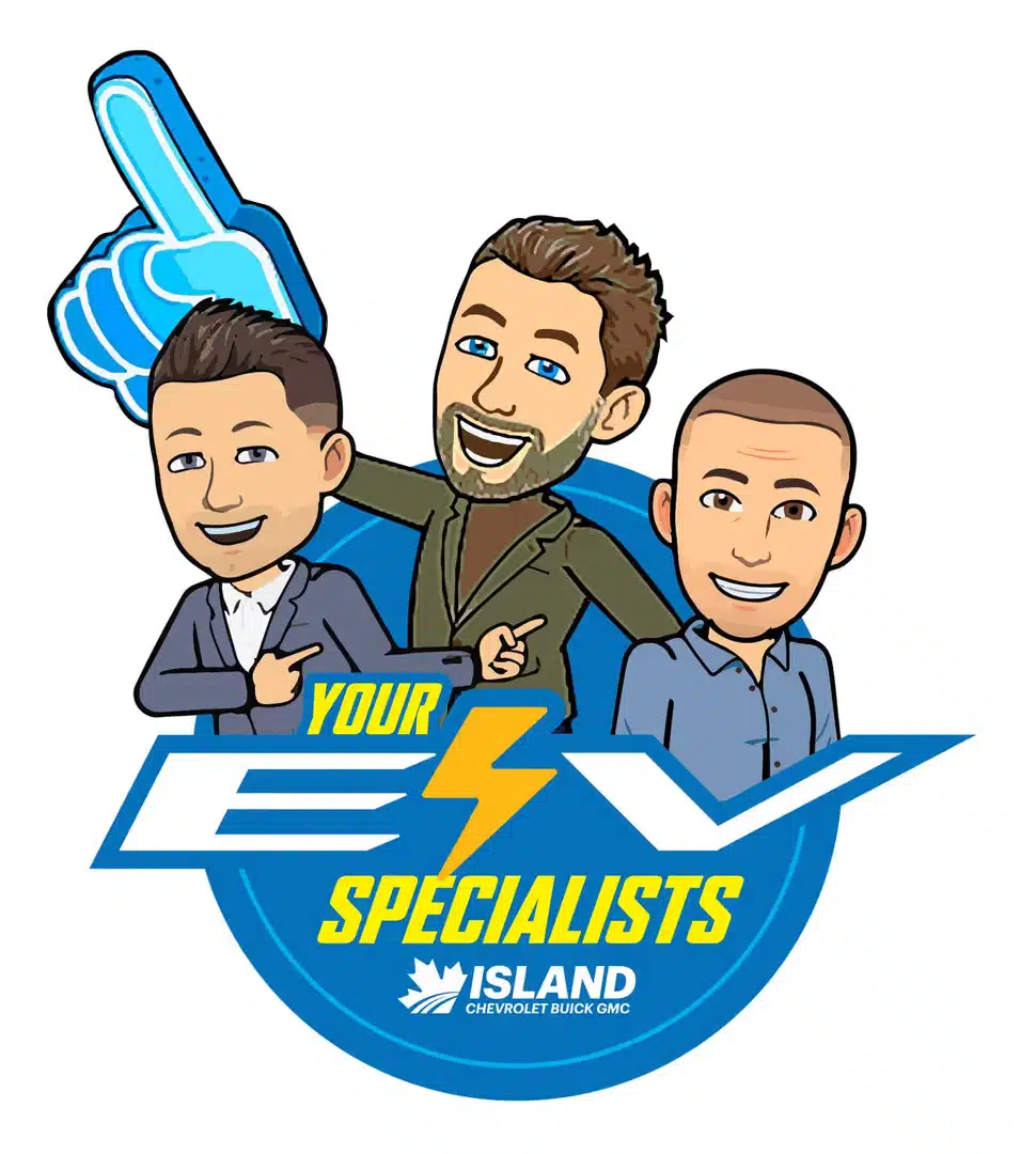 Cartoon figures pointing above "Your EV Specialists" text, Island Chevrolet Buick GMC logo below.