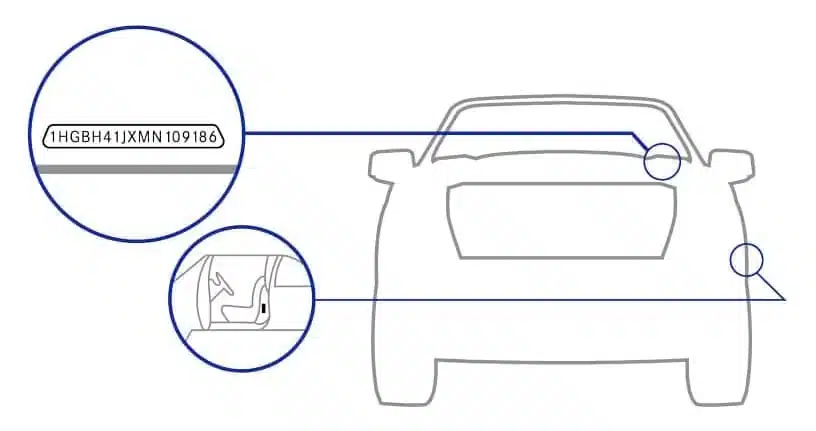 Diagram showing vehicle's VIN location on dashboard and door frame for identification.