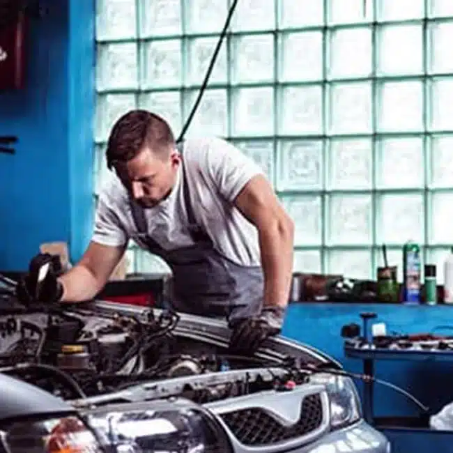 Mechanic in a workshop repairing a car engine, using tools. Auto repair and maintenance.