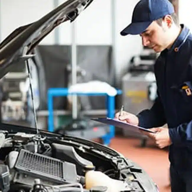 Mechanic in uniform checks car engine with clipboard in auto repair shop.
