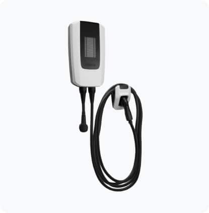 Electric vehicle charging station with a sleek design and attached charging cable.