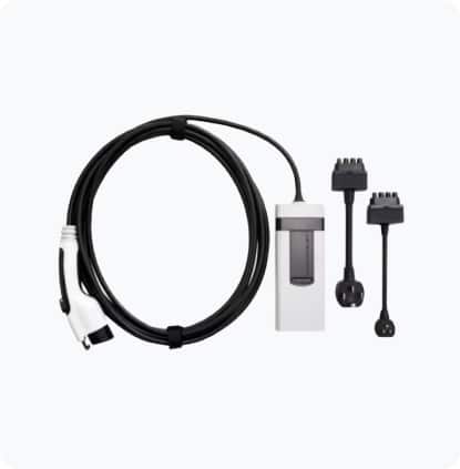 Electric vehicle charging station with a sleek design and attached charging cable.