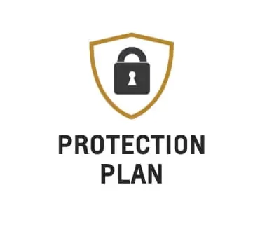 Shield with a lock icon above text "Protection Plan," symbolizing security and insurance.