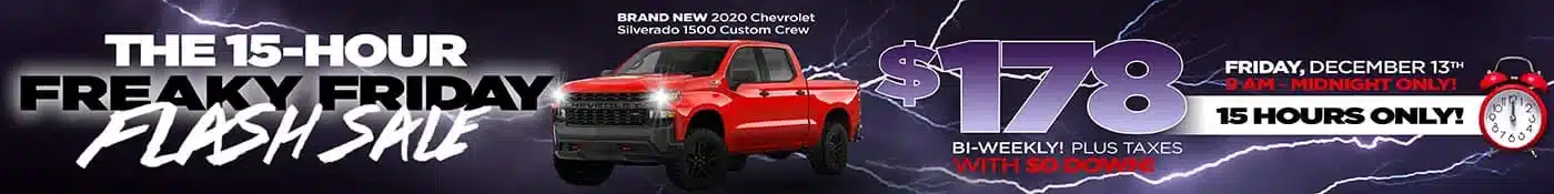 15-hour flash sale on 2020 Chevrolet Silverado for $178 bi-weekly. Limited time, December 13th, with $0 down.