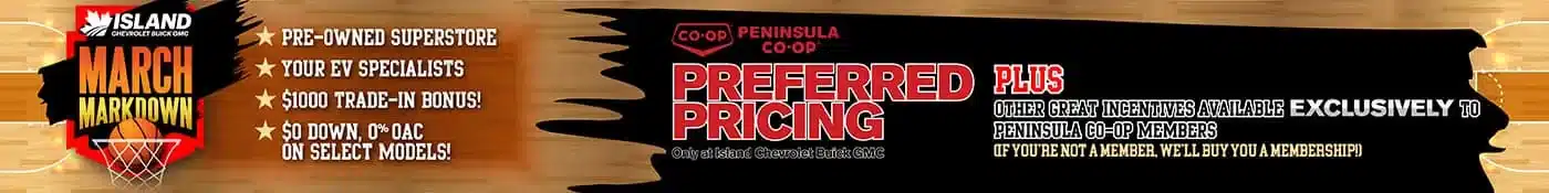 March Markdown sales banner for Island Chevrolet Buick GMC, featuring discounts and promotions on vehicles.