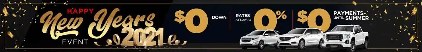New Year's 2021 car sale banner featuring deals like $0 down, 0% rates, and no payments until summer.