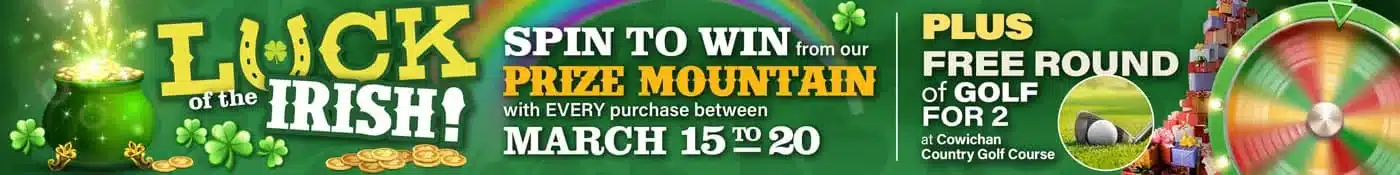 "Luck of the Irish promo: Spin to win prizes, free golf for two at Cowichan Country Golf Course, March 15-20."