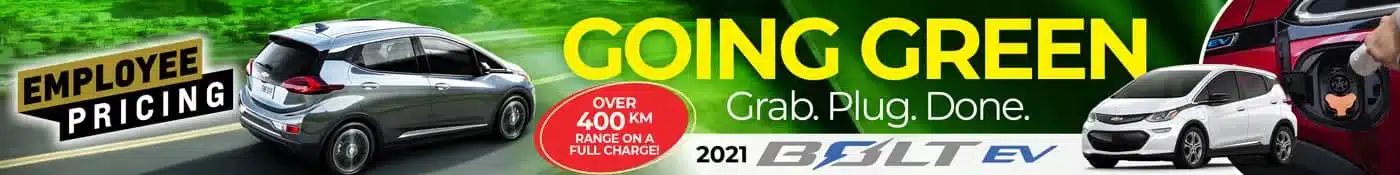 2021 Bolt EV promotion highlights over 400 km range and employee pricing offer.