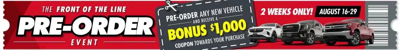 Pre-order event banner offering $1,000 bonus for new vehicle purchases, valid August 16-29, featuring three cars.