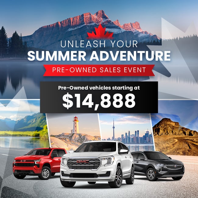 Summer adventure pre-owned sales event promo with diverse vehicles, scenic backdrops, starting at $14,888.