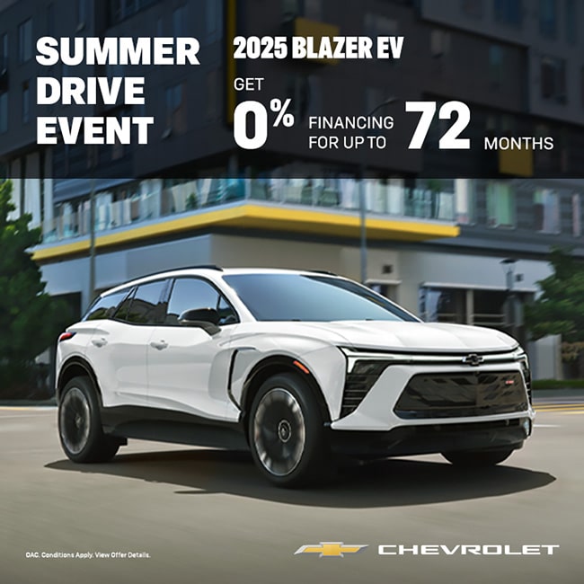 2025 Chevrolet Blazer EV promotional banner offering 0% financing for up to 72 months during Summer Drive Event.