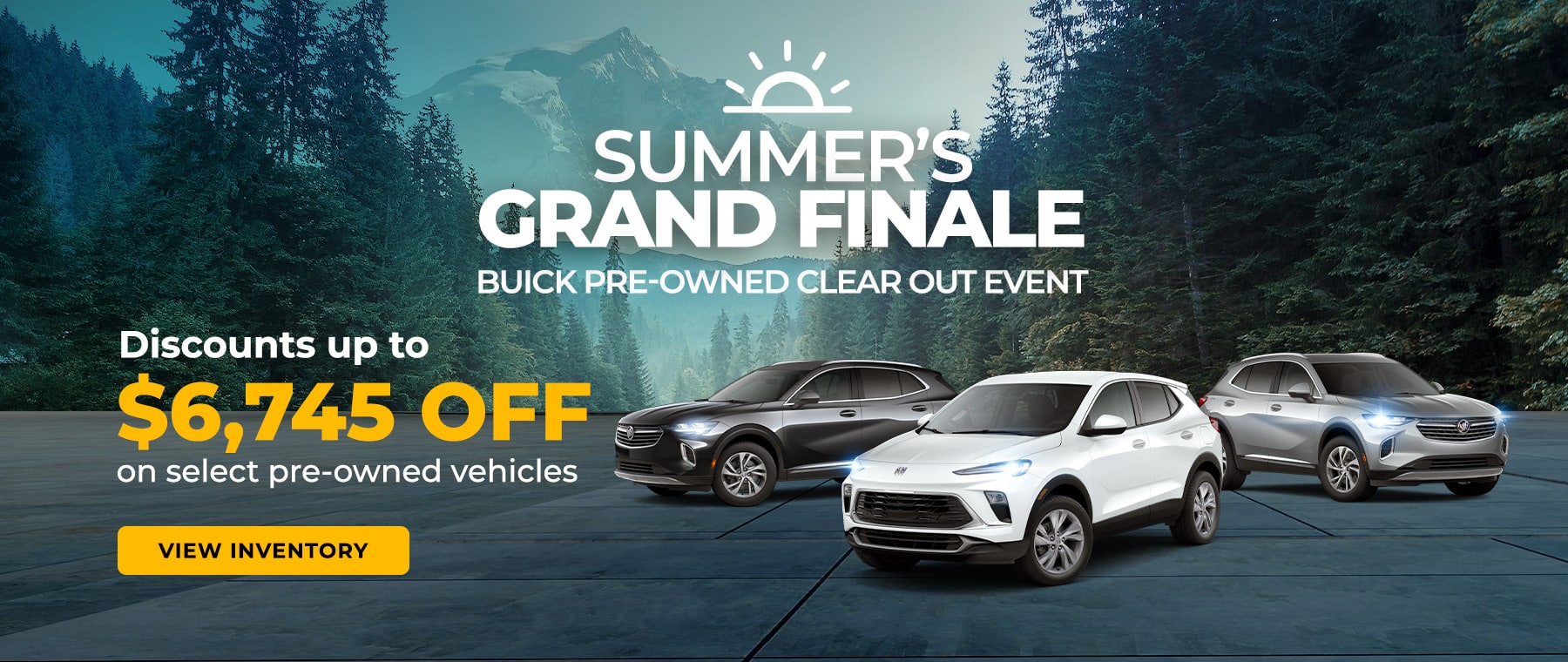 Summer adventure sales event banner featuring pre-owned cars, iconic Canadian landscapes, and starting price of $14,888.